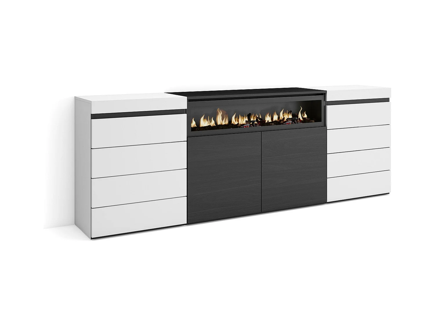 Commode, Buffet, Armoire, 214x35x75 cm, Chambre à coucher, pièce, Cheminée électrique, Blanc et noir