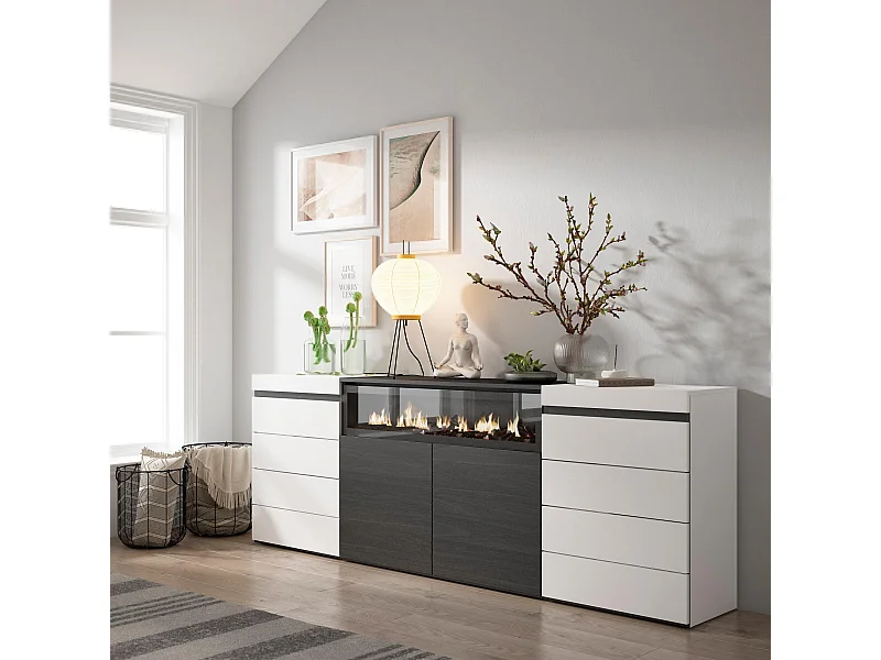 Cómoda, Cajonera, 214x35x75cm, Dormitorio, habitación, Chimenea eléctrica, Blanco y negro