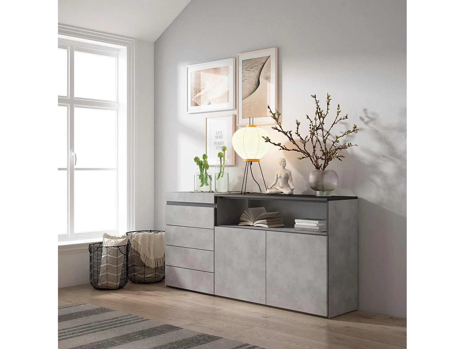 Commode, Buffet, Armoire, 135x57x75 cm, Chambre à coucher, pièce, Armoire à Tiroirs, Ciment