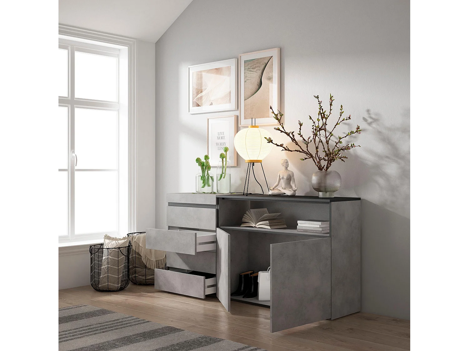 Commode, Buffet, Armoire, 135x57x75 cm, Chambre à coucher, pièce, Armoire à Tiroirs, Ciment