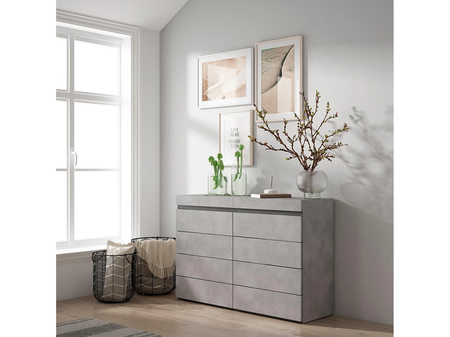 Ladekast, Commode, 114x35x75cm, Voor slaapkamer, kamer, Met opbergruimte, Cement