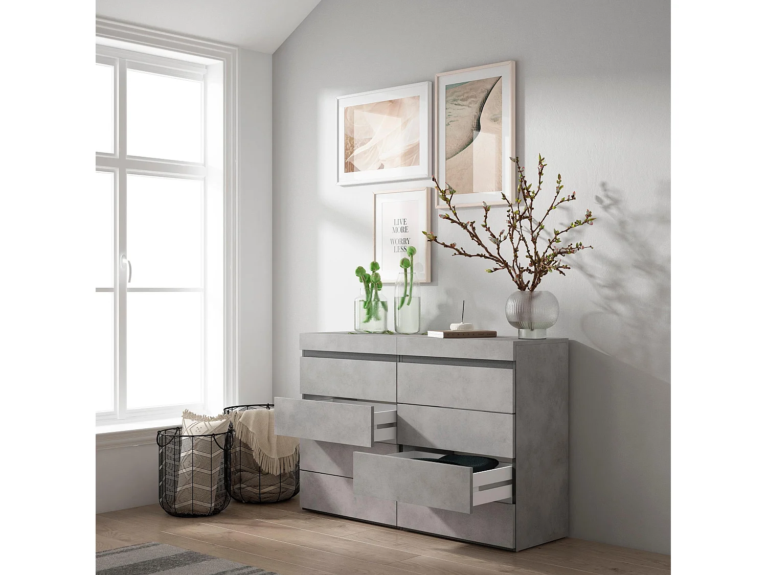 Ladekast, Commode, 114x35x75cm, Voor slaapkamer, kamer, Met opbergruimte, Cement
