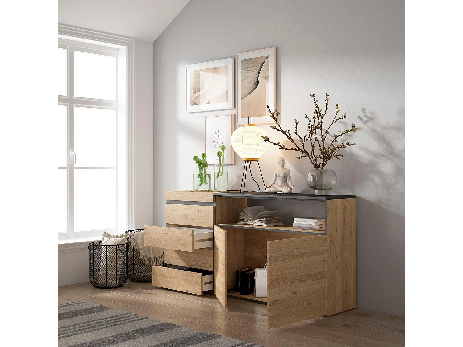 Ladekast, Commode, 135x57x75cm, Voor slaapkamer, kamer, Met opbergruimte, Eiken