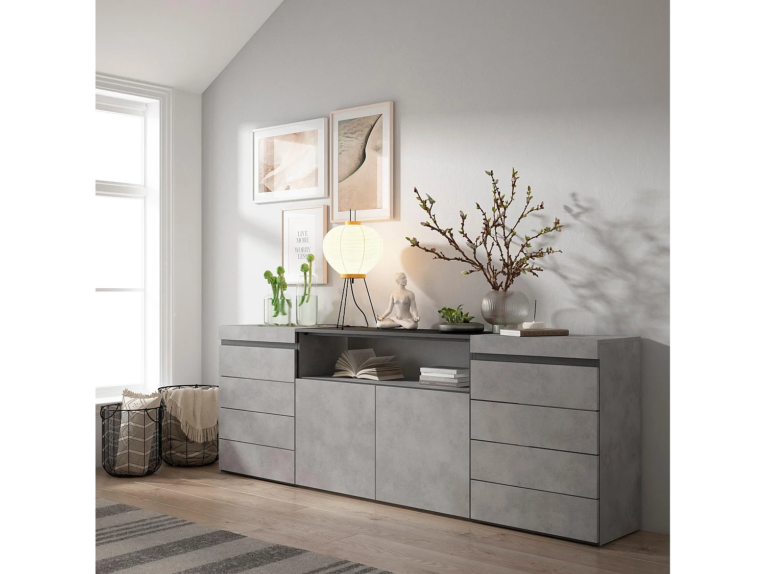Ladekast, Commode, 214x35x75cm, Voor slaapkamer, kamer, Met opbergruimte, Cement