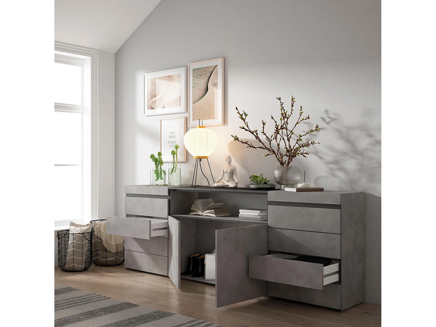 Ladekast, Commode, 214x35x75cm, Voor slaapkamer, kamer, Met opbergruimte, Cement