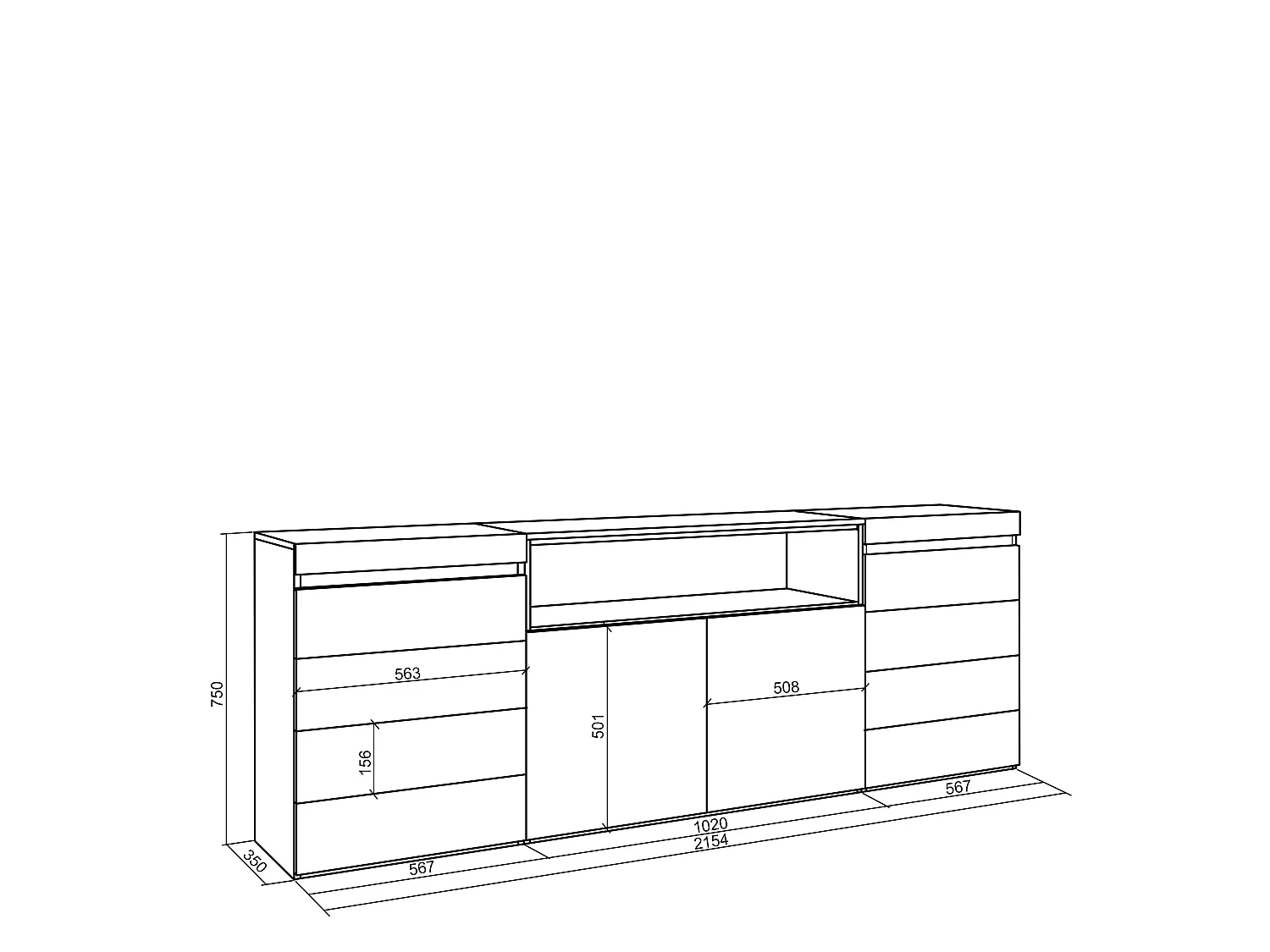 Ladekast, Commode, 214x35x75cm, Voor slaapkamer, kamer, Met opbergruimte, Cement