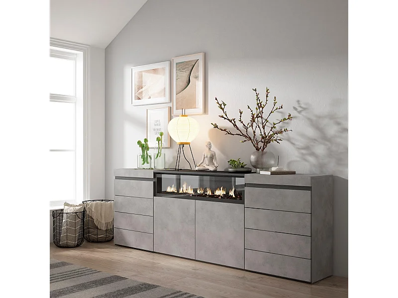 Commode, Buffet, Armoire, 214x35x75 cm, Chambre à coucher, pièce, Cheminée électrique, Ciment