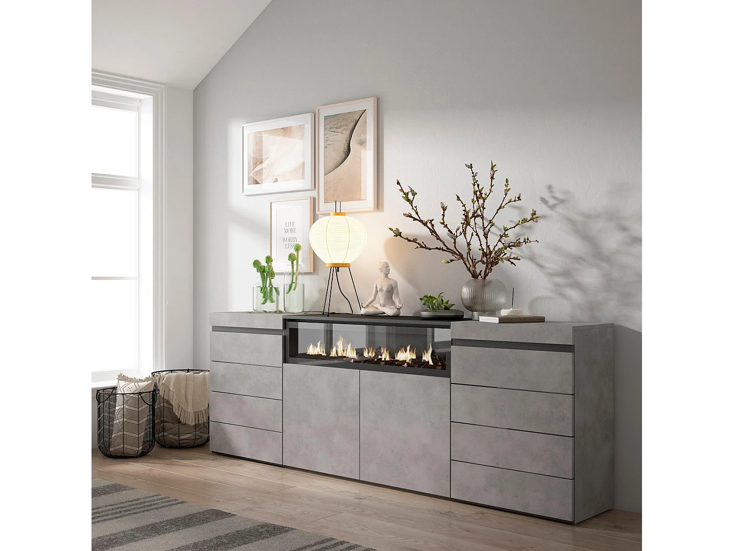 Commode, Buffet, Armoire, 214x35x75 cm, Chambre à coucher, pièce, Cheminée électrique, Ciment