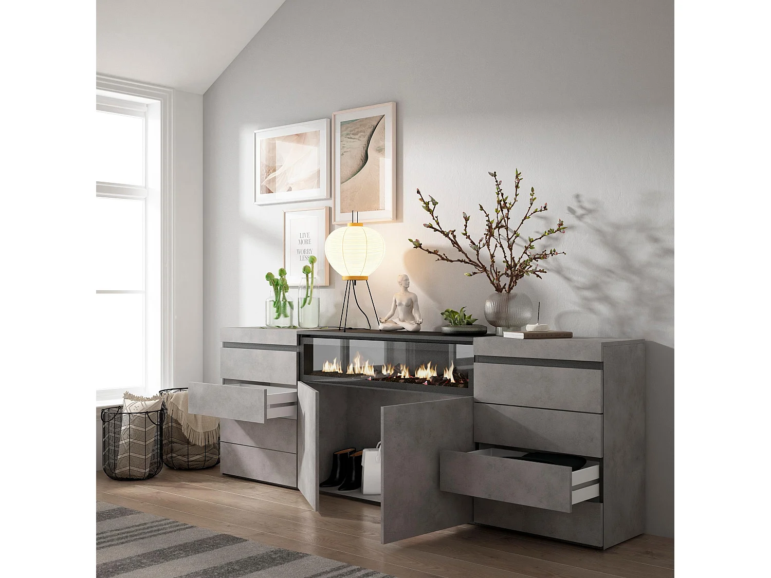 Ladekast, Commode, 214x35x75cm, Voor slaapkamer, kamer, Elektrische haard, Cement