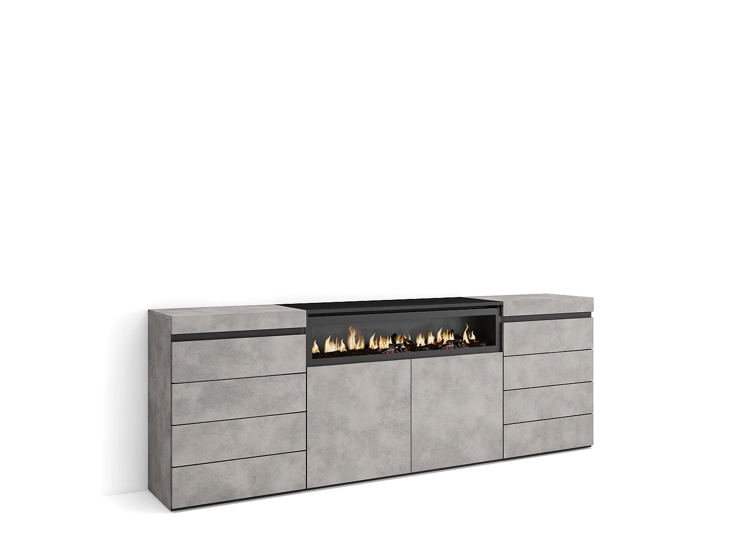 Cómoda, 214x35x75cm, Para quarto, dormitório, Lareira eléctrica, Cimento