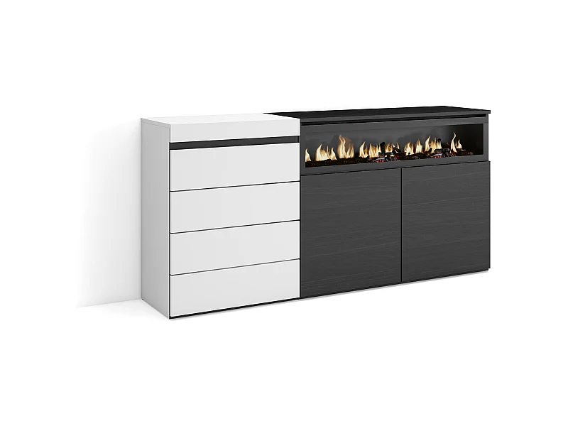 Kommode mit Schubladen, 157x35x75cm, Für Schlafzimmer, Elektrokamin, Weiß und Schwarz
