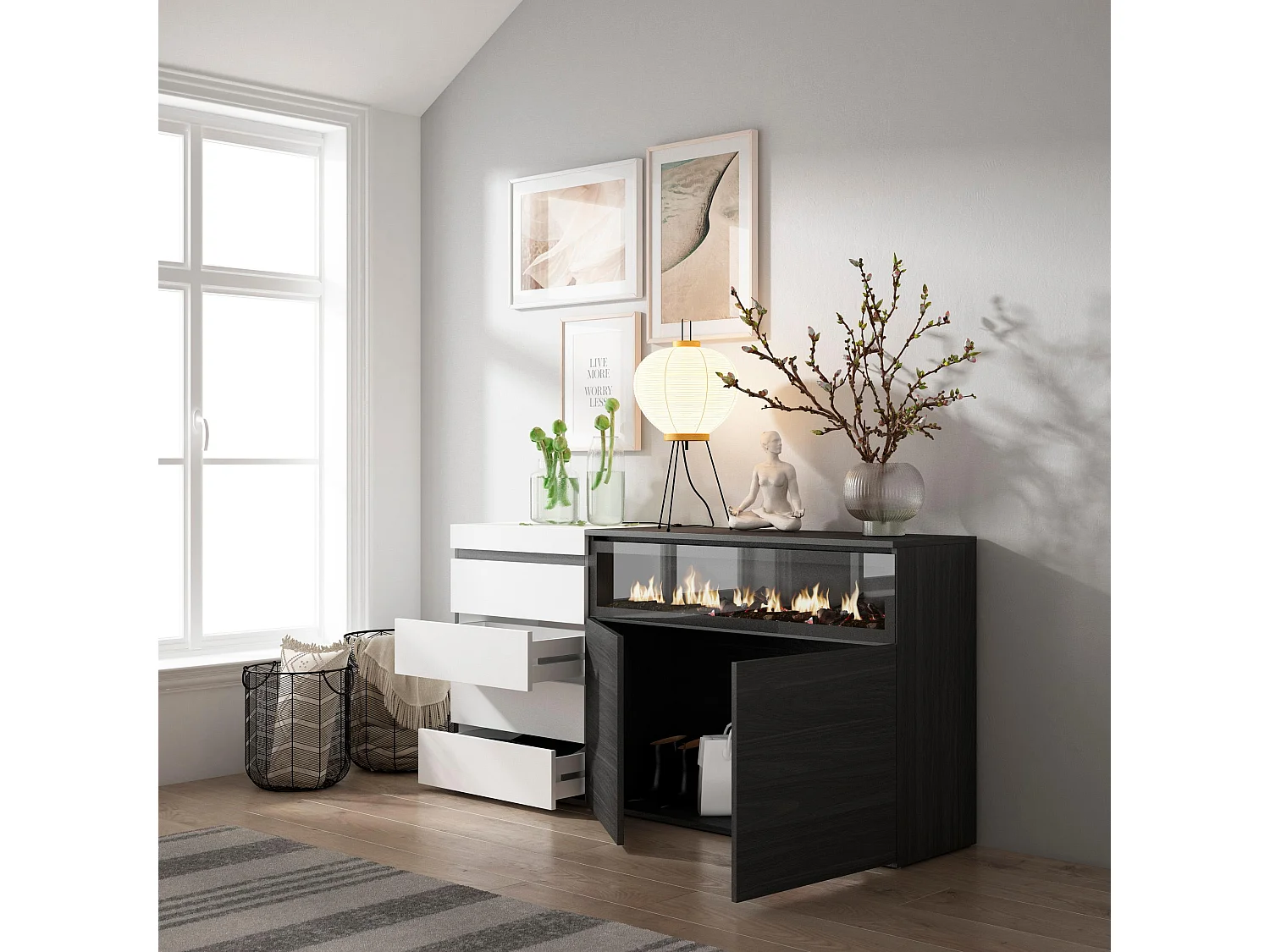 Commode, Buffet, Armoire, 135x57x75 cm, Chambre à coucher, pièce, Cheminée électrique, Blanc et noir