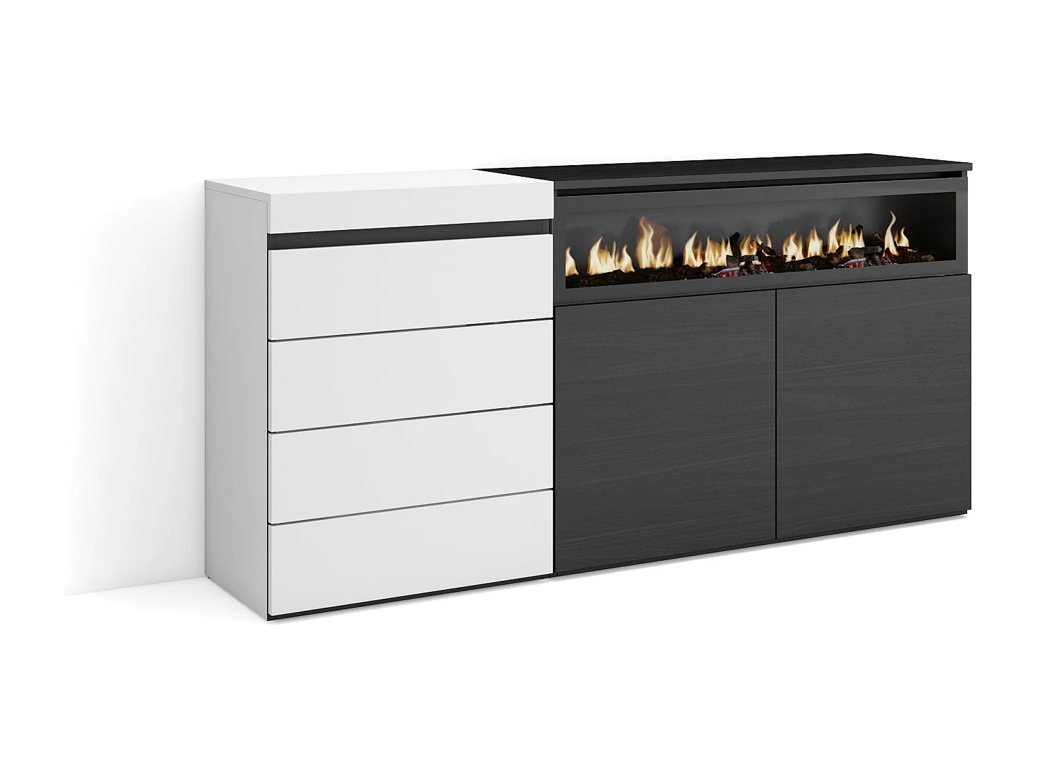 Kommode mit Schubladen, 157x35x75cm, Für Schlafzimmer, Elektrokamin, Weiß und Schwarz