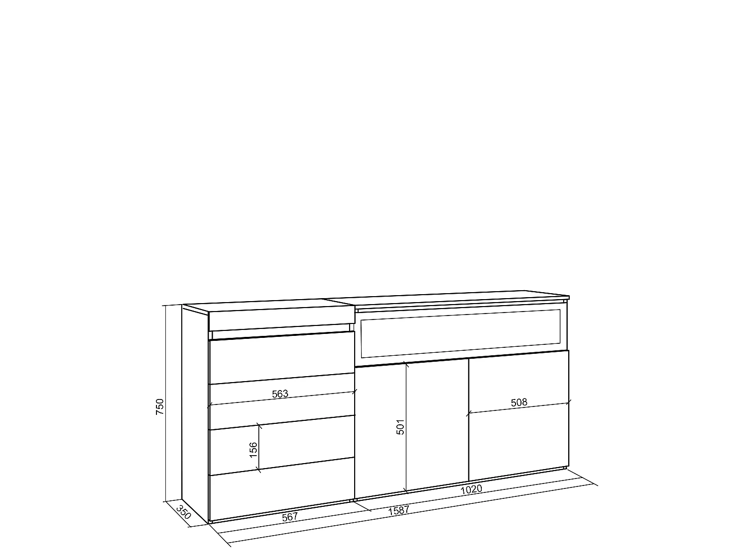 Kommode mit Schubladen, 157x35x75cm, Für Schlafzimmer, Elektrokamin, Weiß und Schwarz