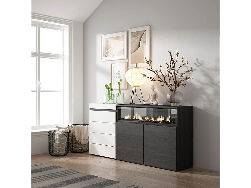 Cómoda, Cajonera, 157x35x75cm, Dormitorio, habitación, Chimenea eléctrica, Blanco y negro