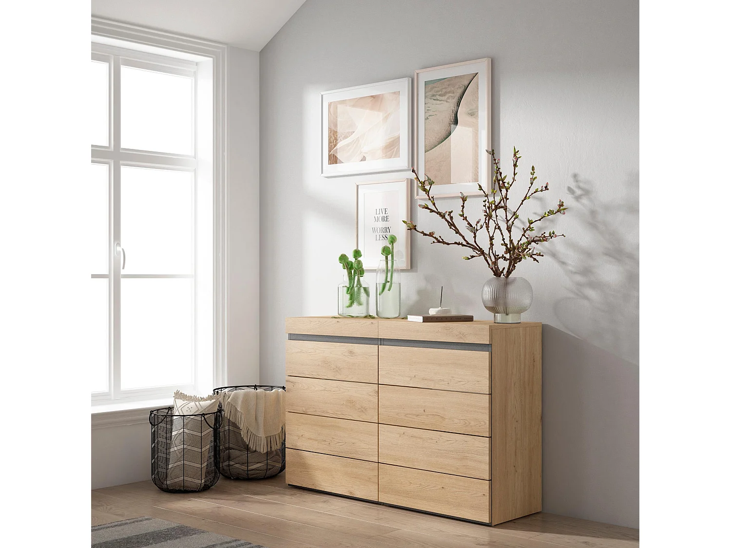 Commode, Buffet, Armoire, 114x35x75 cm, Chambre à coucher, pièce, Armoire à Tiroirs, Chêne