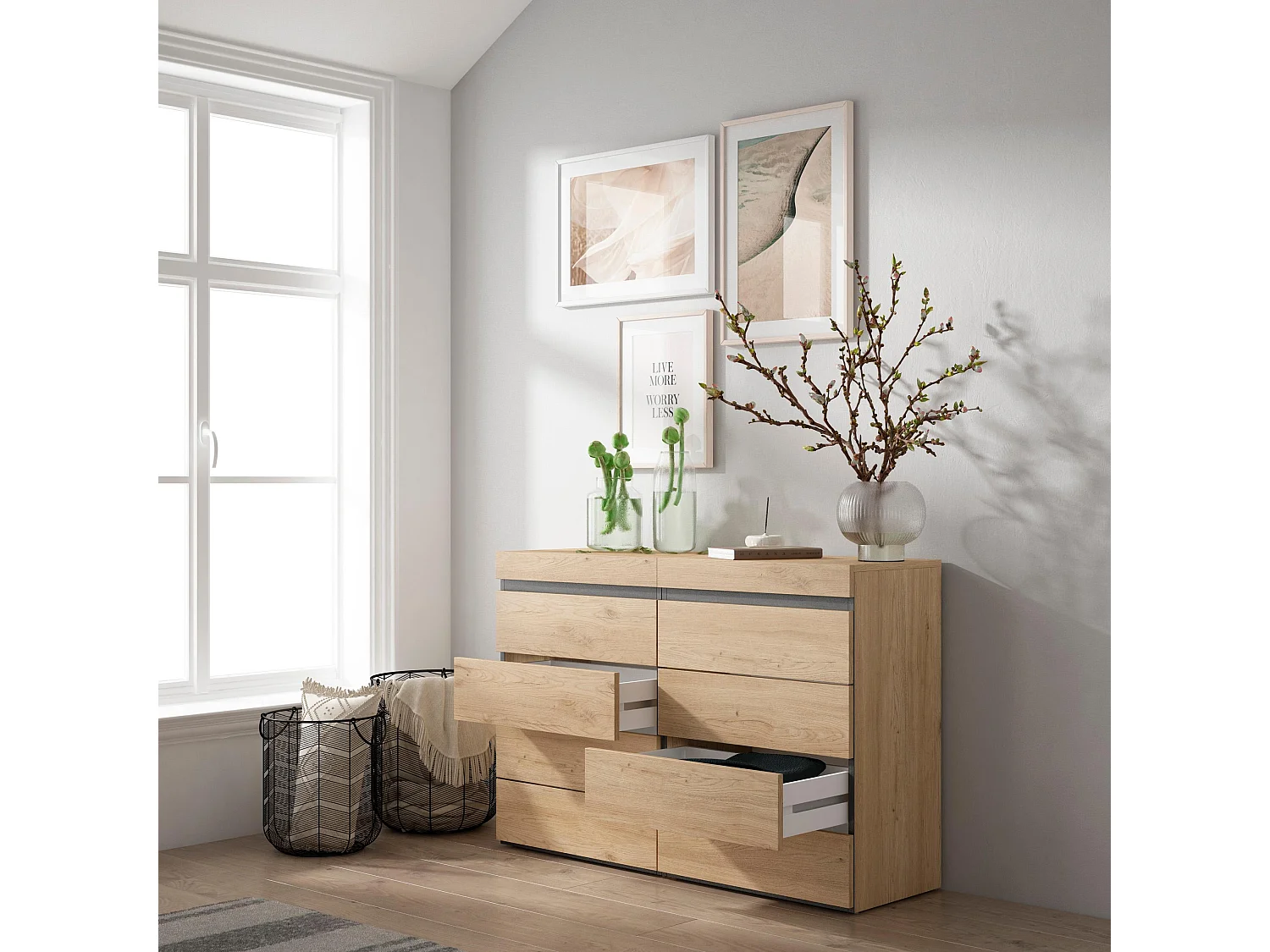 Commode, Buffet, Armoire, 114x35x75cm, Chambre à coucher, pièce, Armoire à Tiroirs, Chêne