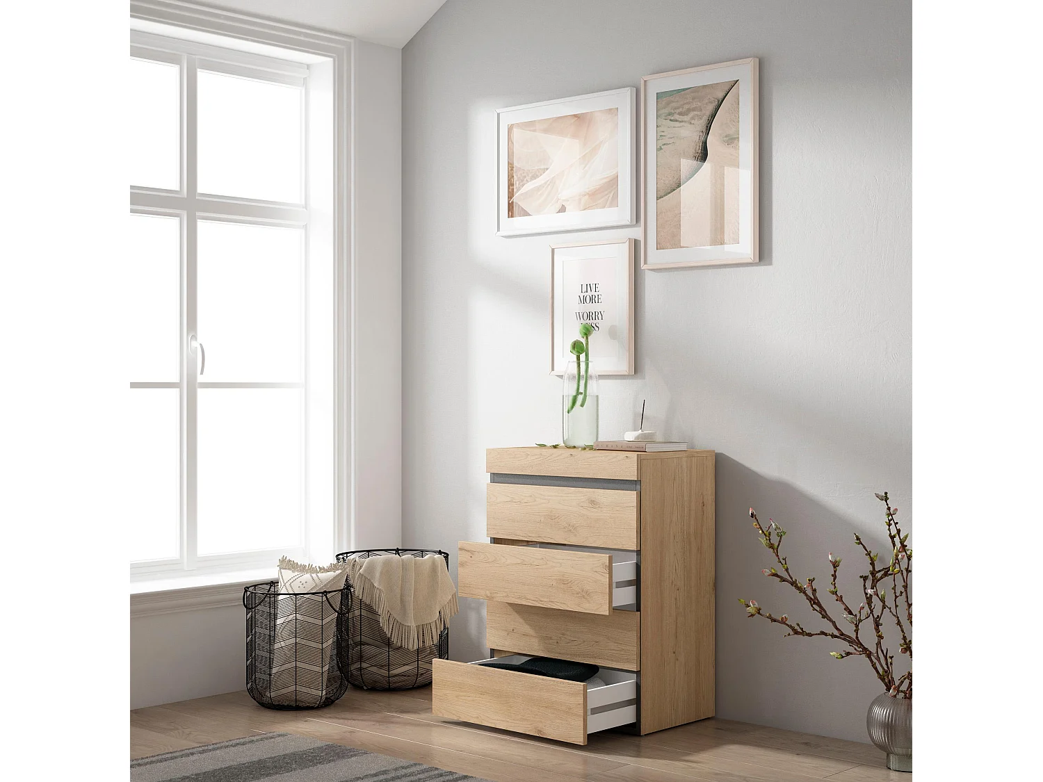 Kommode mit Schubladen, 57x35x75cm, Für Schlafzimmer, Sideboard, Schrank, Eiche