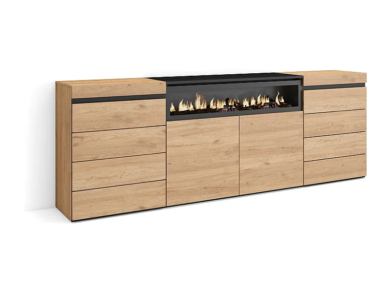 Kommode mit Schubladen, 214x35x75cm, Für Schlafzimmer, Elektrokamin, Eiche