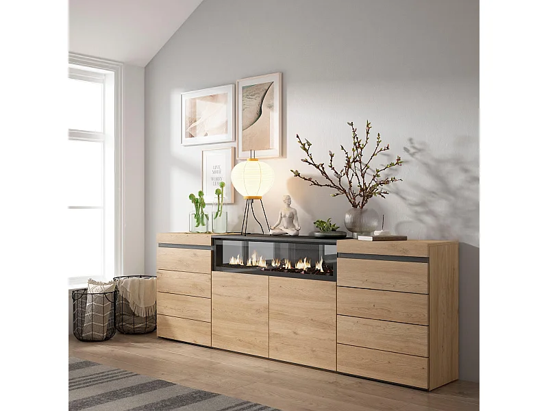 Commode, Buffet, Armoire, 214x35x75 cm, Chambre à coucher, pièce, Cheminée électrique, Chêne