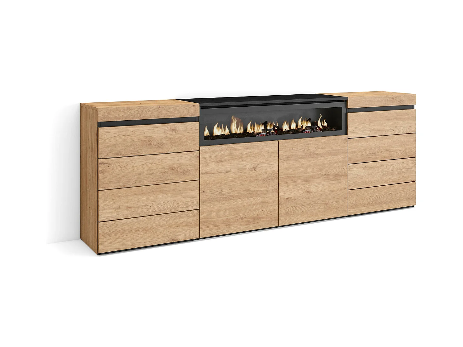 Commode, Buffet, Armoire, 214x35x75 cm, Chambre à coucher, pièce, Cheminée électrique, Chêne
