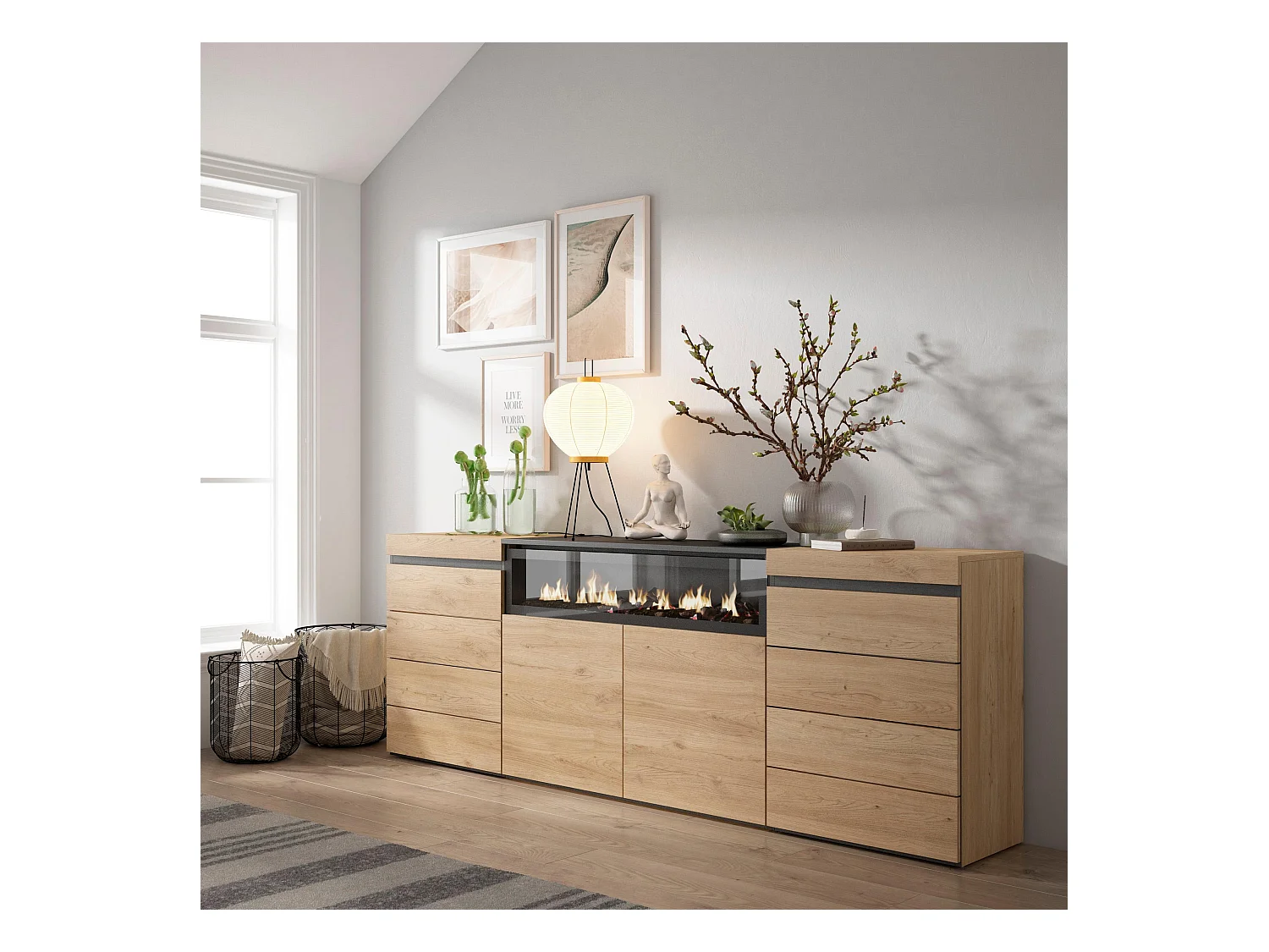 Ladekast, Commode, 214x35x75cm, Voor slaapkamer, kamer, Elektrische haard, Eiken