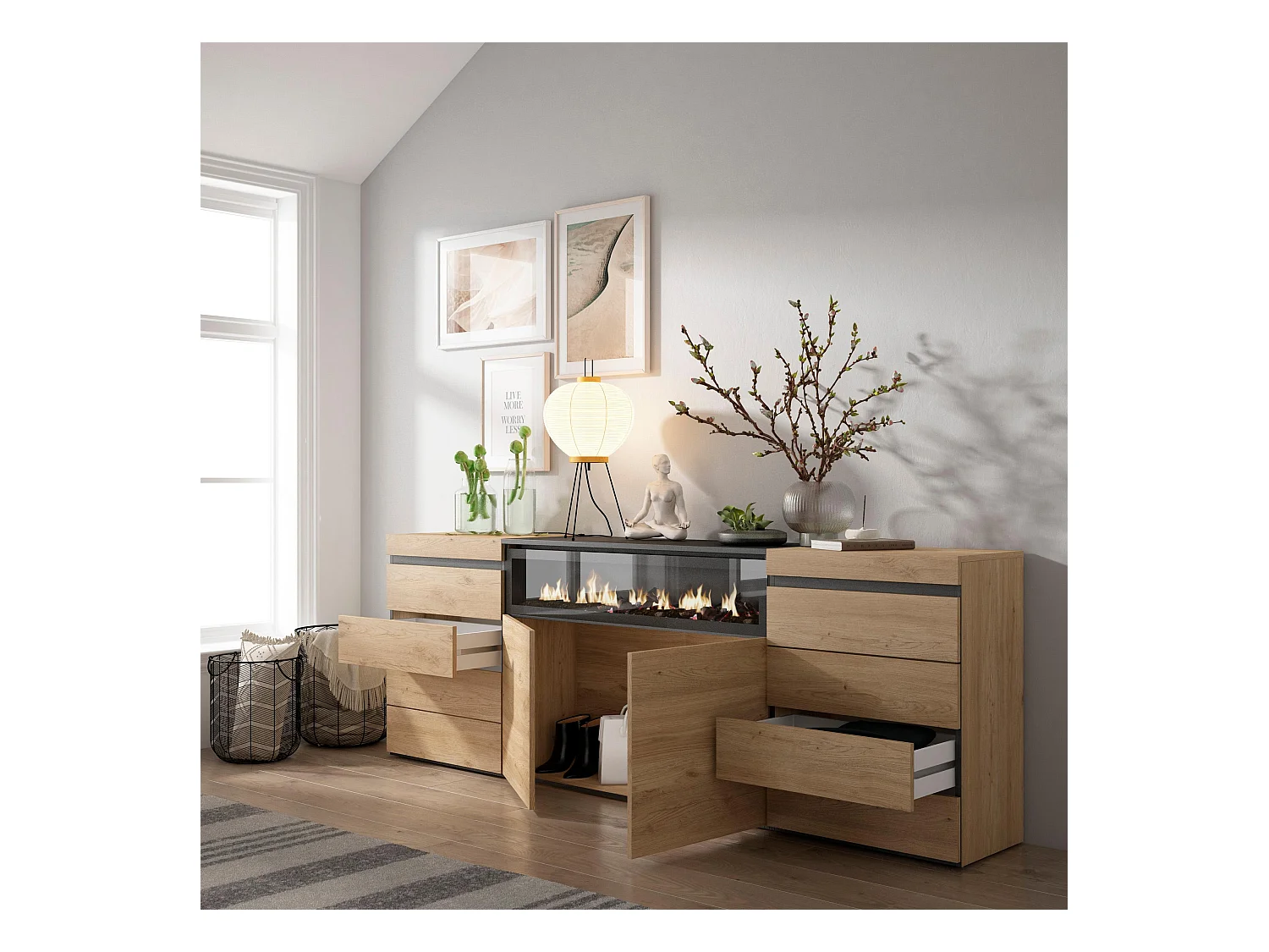 Ladekast, Commode, 214x35x75cm, Voor slaapkamer, kamer, Elektrische haard, Eiken