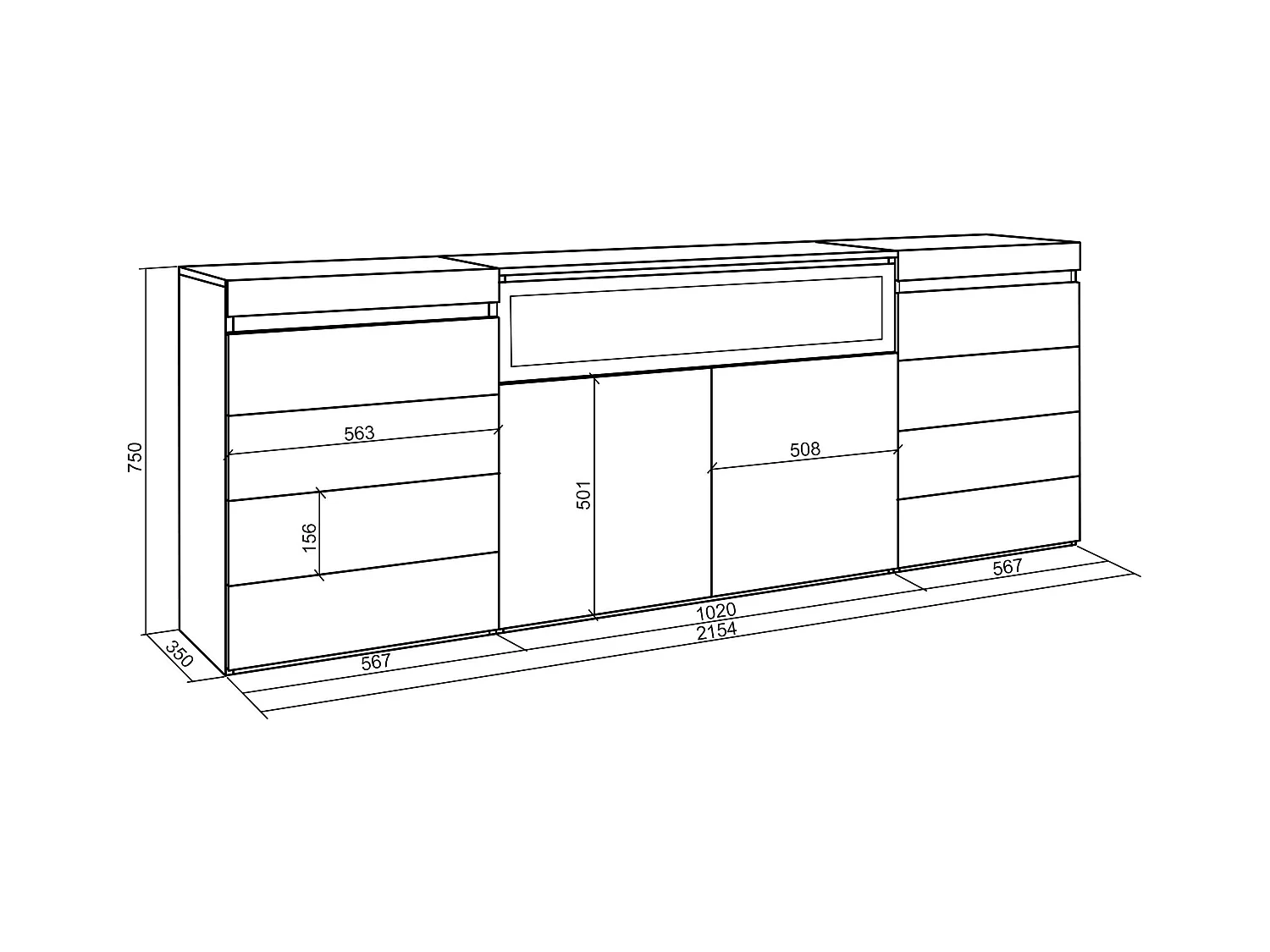 Ladekast, Commode, 214x35x75cm, Voor slaapkamer, kamer, Elektrische haard, Eiken