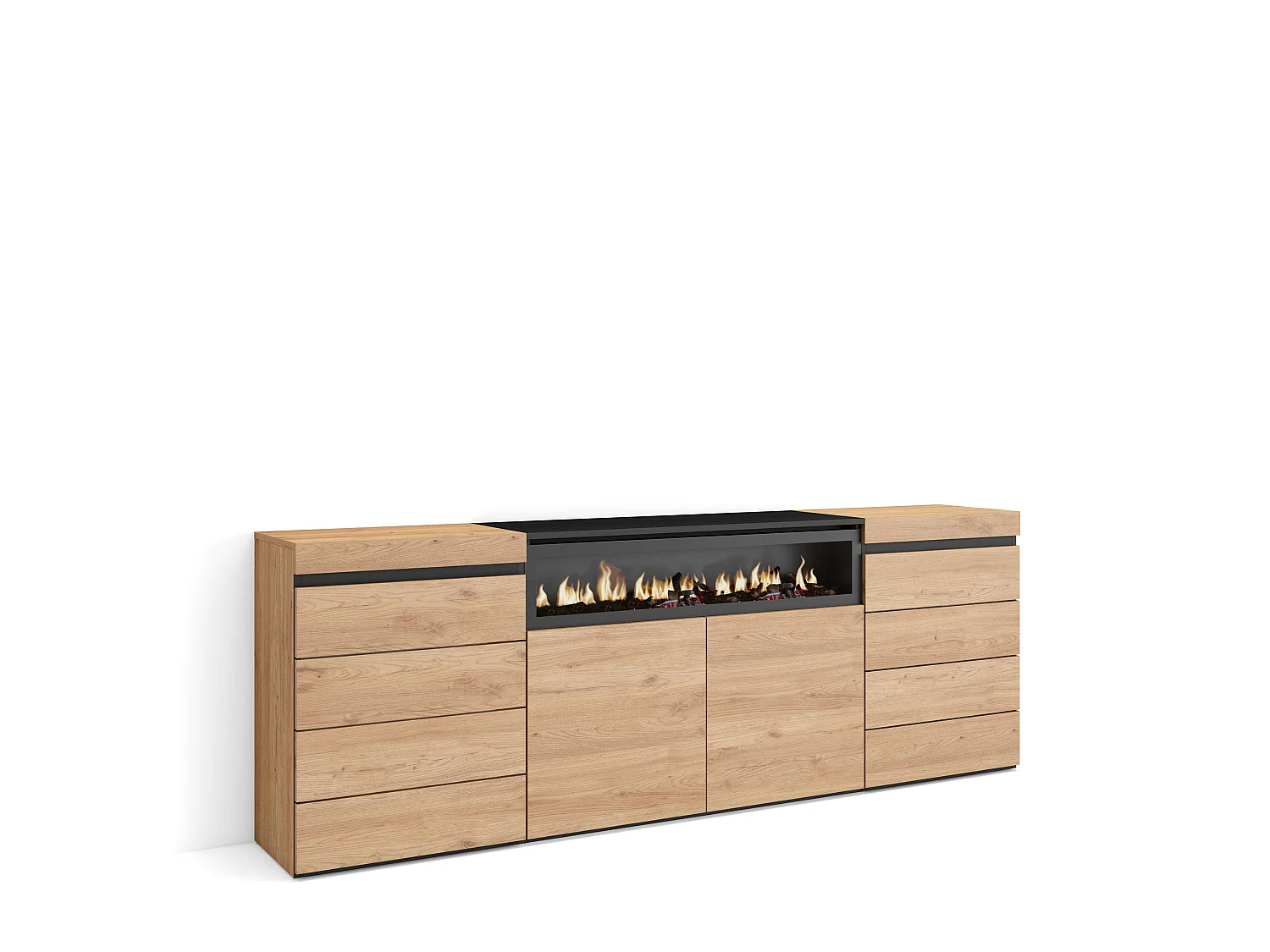 Ladekast, Commode, 214x35x75cm, Voor slaapkamer, kamer, Elektrische haard, Eiken