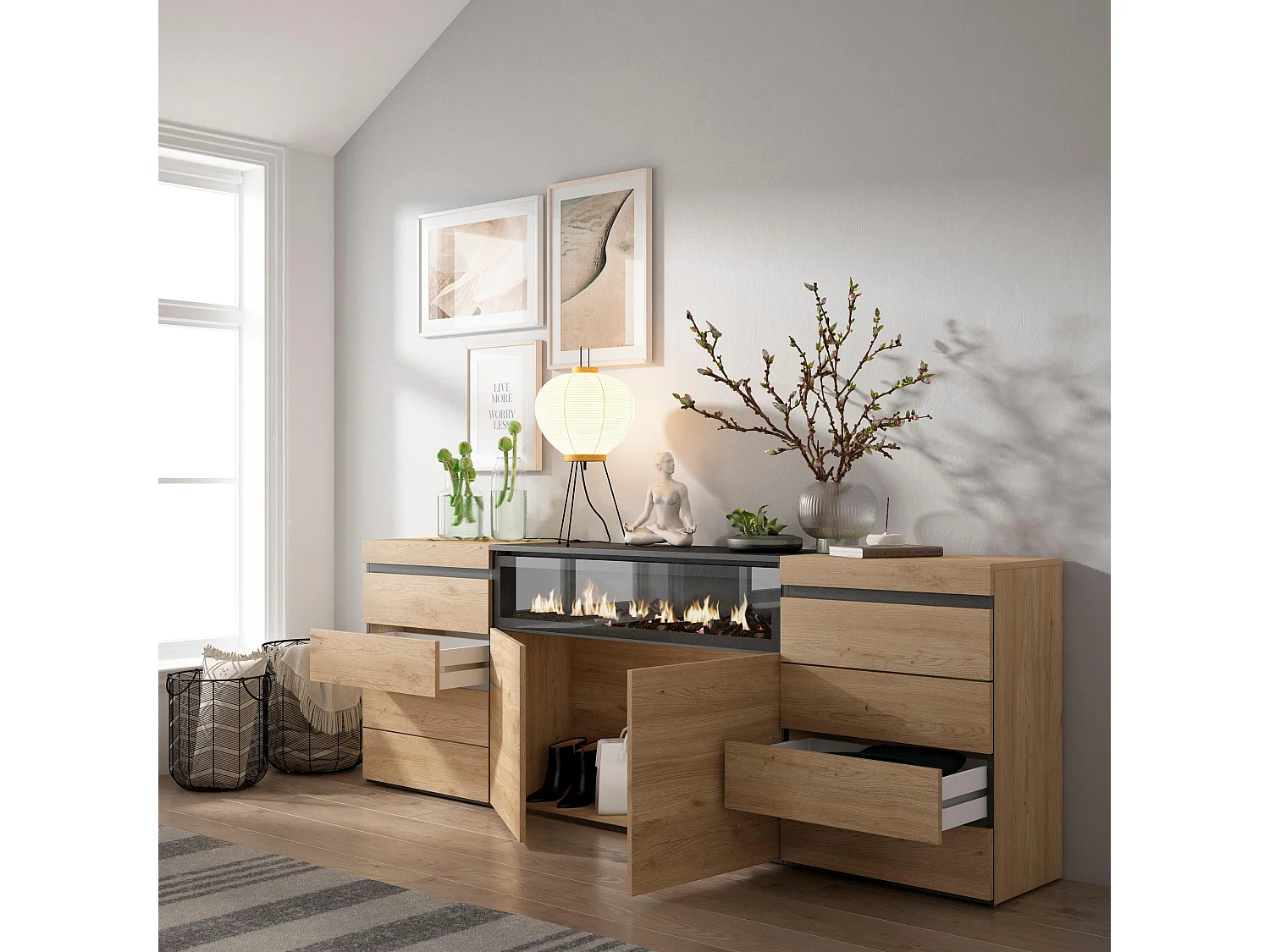 Ladekast, Commode, 214x35x75cm, Voor slaapkamer, kamer, Elektrische haard, Eiken