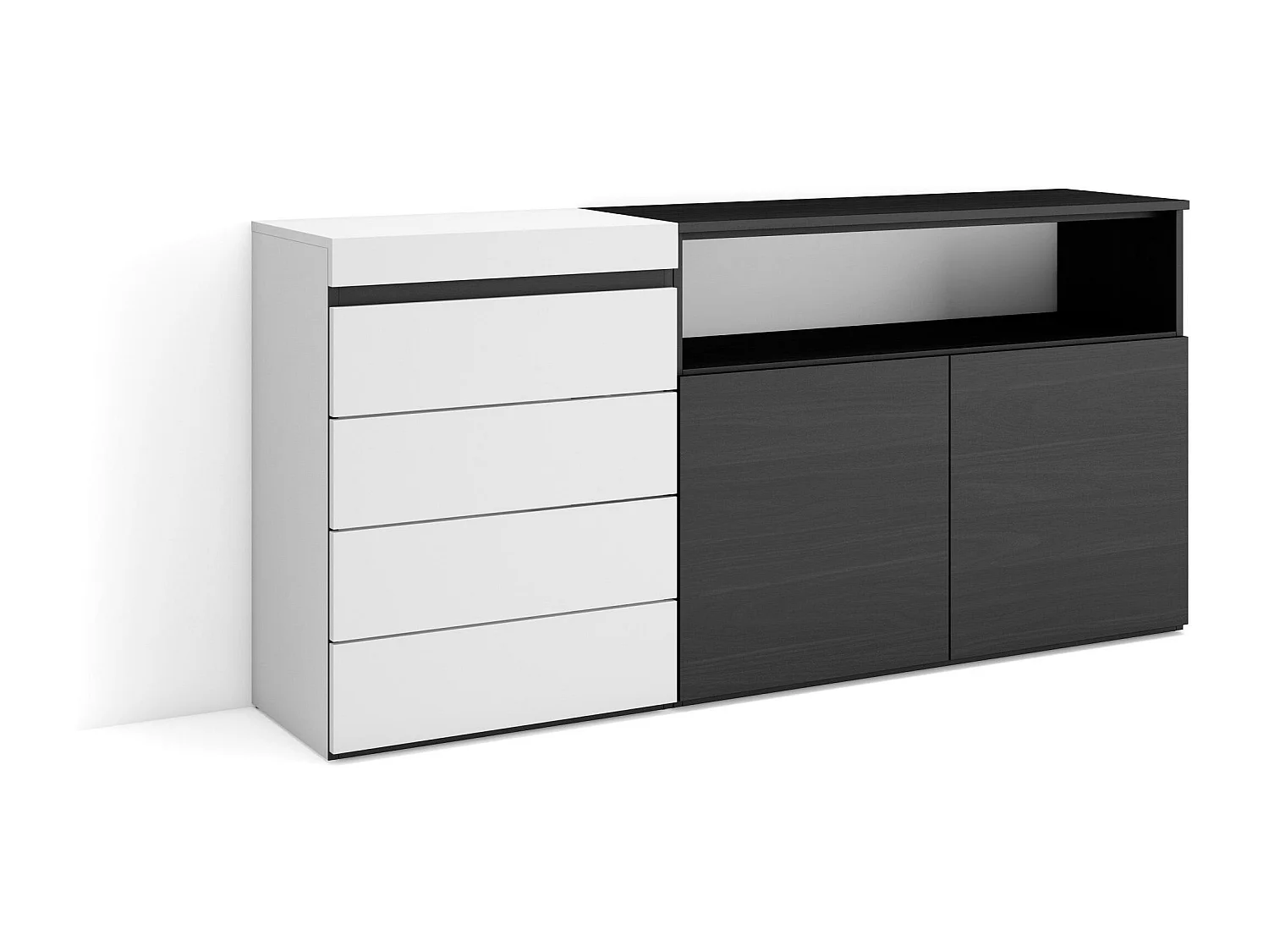 Kommode mit Schubladen, 157x35x75cm, Für Schlafzimmer, Sideboard, Schrank, Weiß und Schwarz