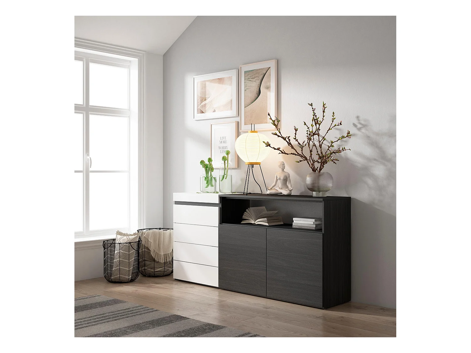 Kommode mit Schubladen, 157x35x75cm, Für Schlafzimmer, Sideboard, Schrank, Weiß und Schwarz