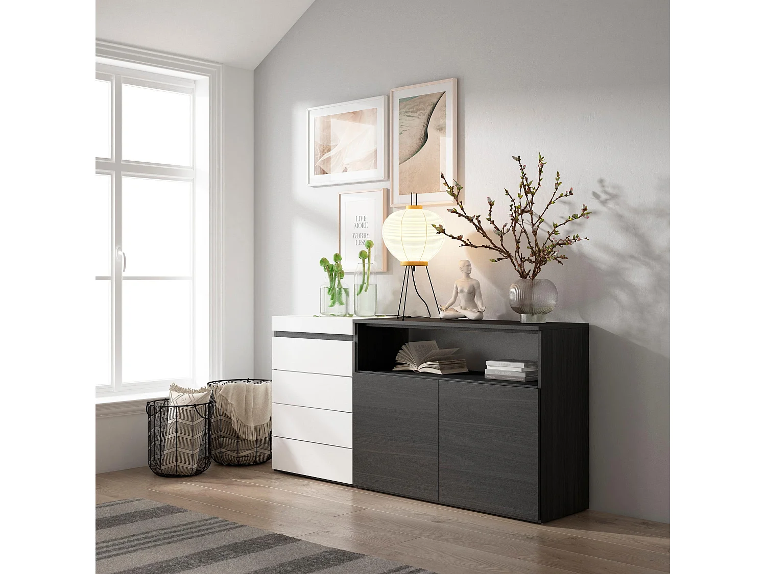 Commode, Buffet, Armoire, 135x57x75 cm, Chambre à coucher, pièce, Armoire à Tiroirs, Blanc et noir