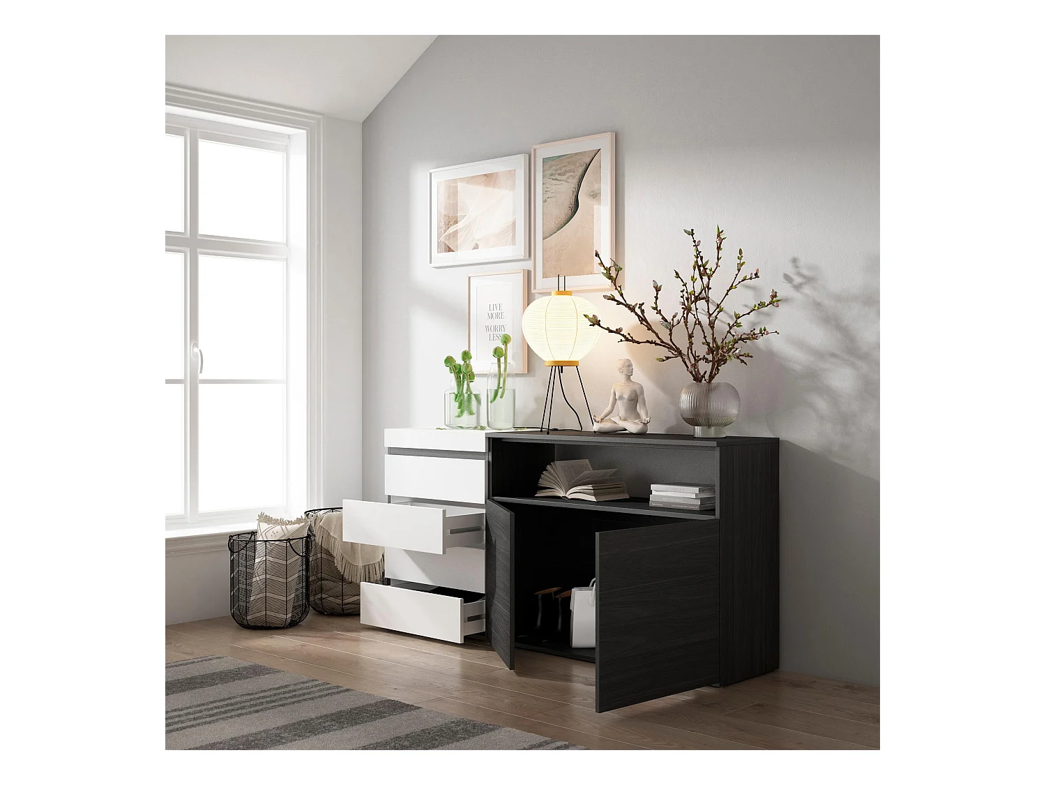 Cassettiera, 135x57x75cm, Camera da letto, stanza, Con Stoccaggio, Bianco e nero