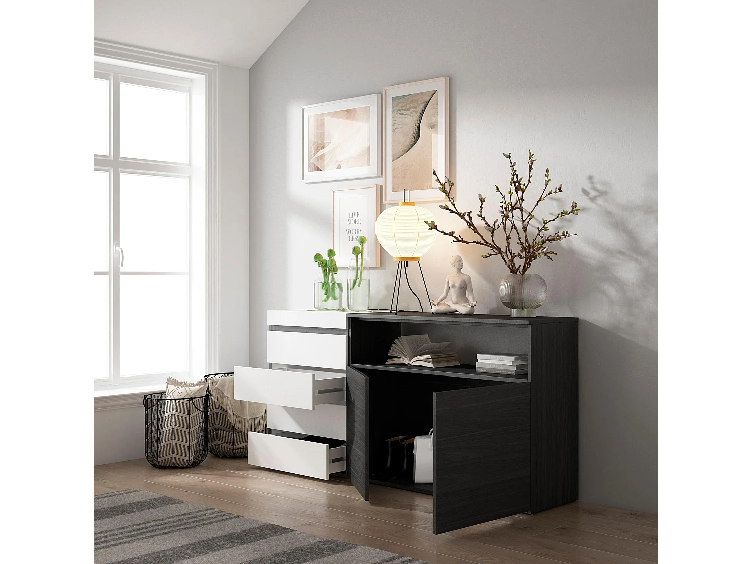 Cómoda, Cajonera, 157x35x75cm, Dormitorio, habitación, Con almacenamiento, Blanco y negro