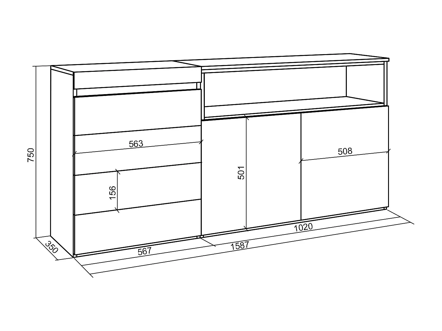 Cómoda, Cajonera, 157x35x75cm, Dormitorio, habitación, Con almacenamiento, Blanco y negro