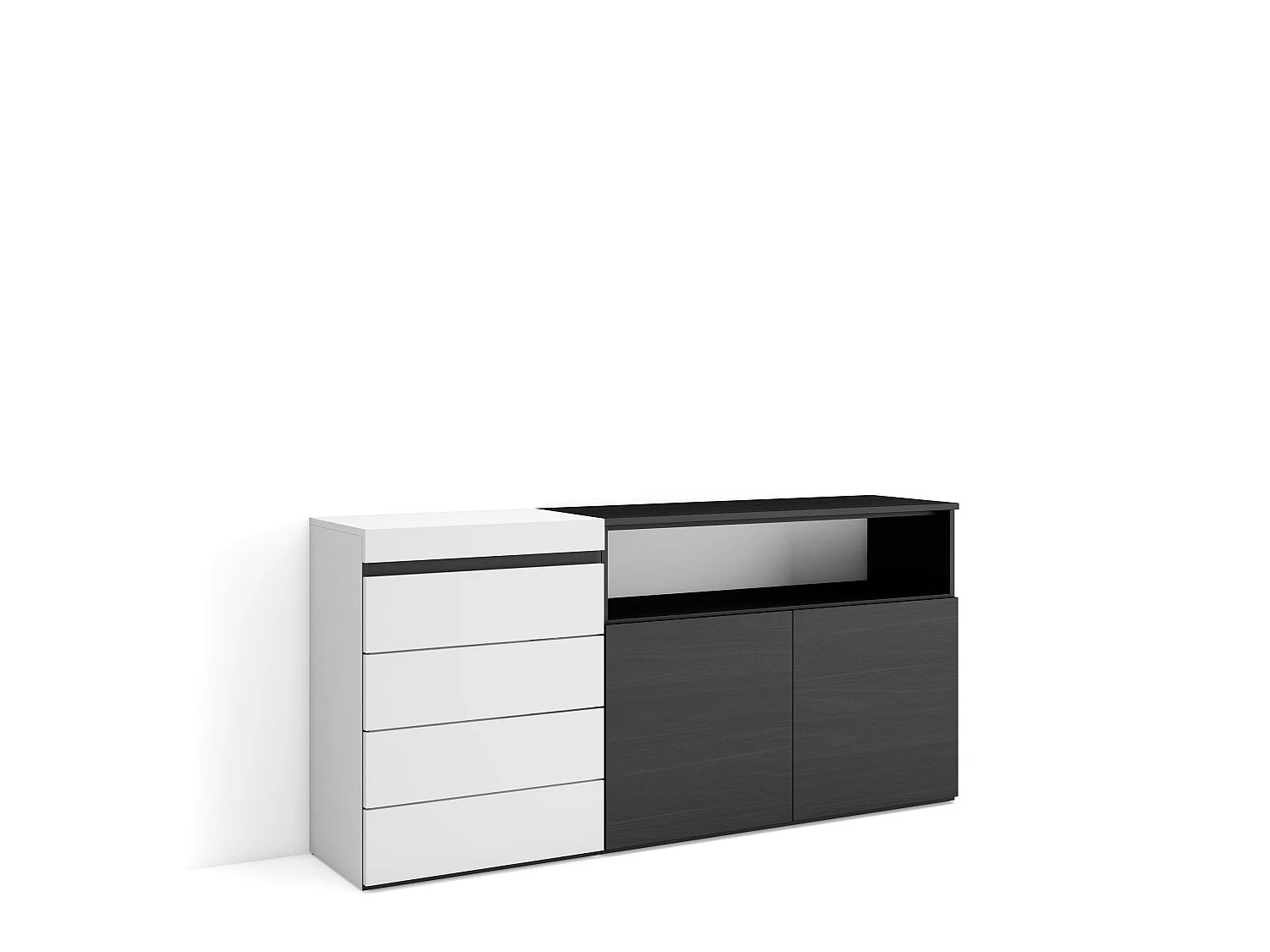 Cómoda, Cajonera, 157x35x75cm, Dormitorio, habitación, Con almacenamiento, Blanco y negro