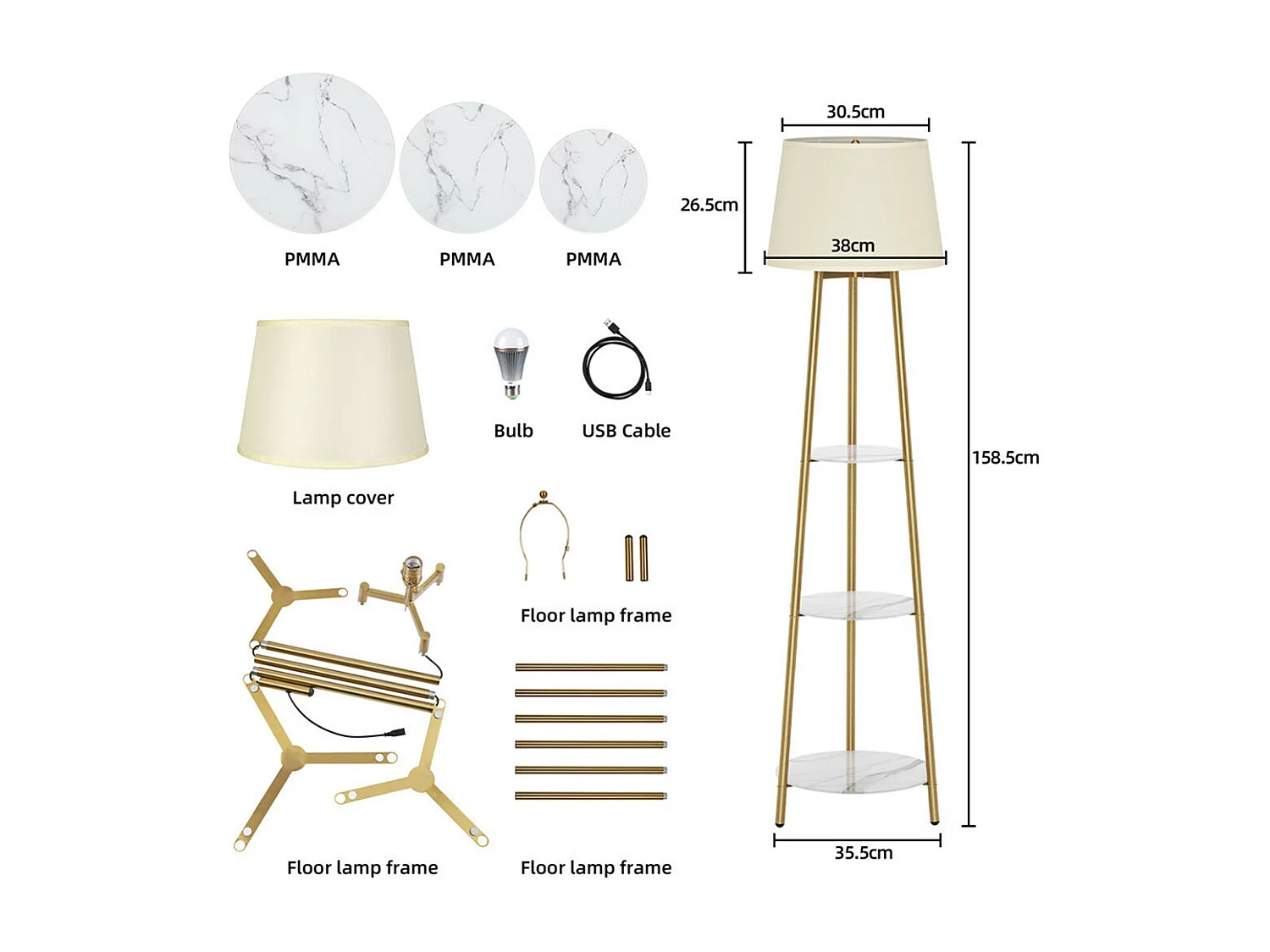 Lampadaire tripode marbre scandinave - LED à couleur changeante - H159cm - Lampadaire sur pied - doré