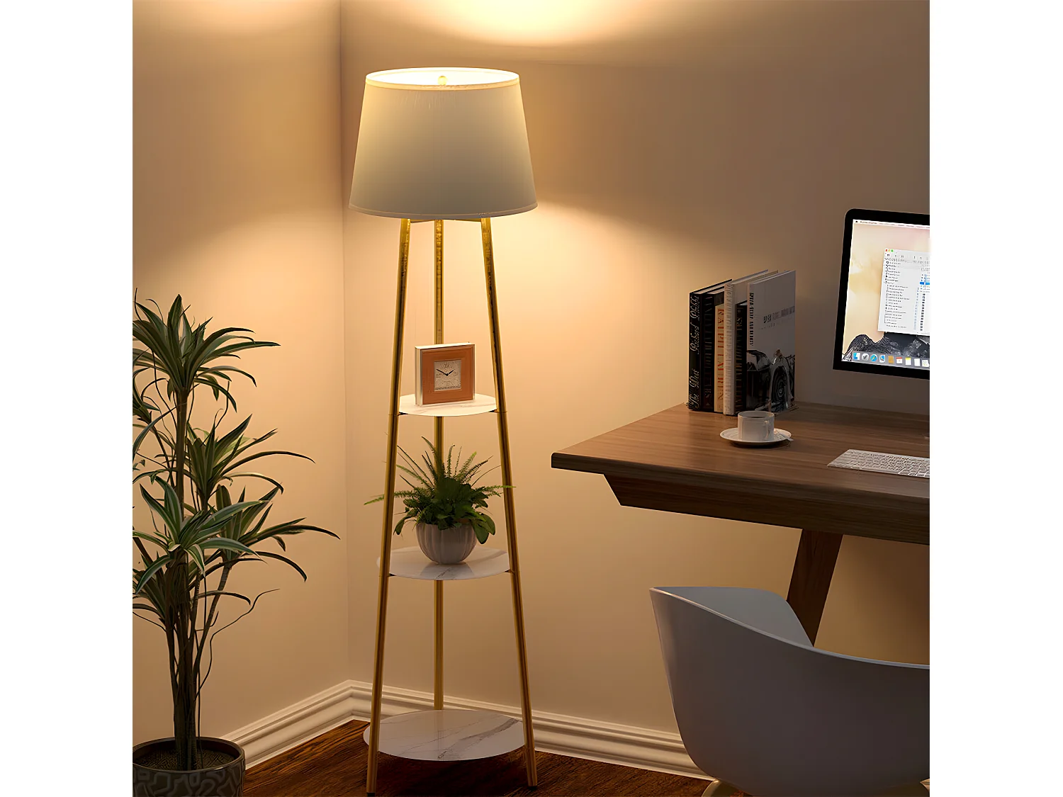 Lampadaire tripode marbre scandinave - LED à couleur changeante - H159cm - Lampadaire sur pied - doré