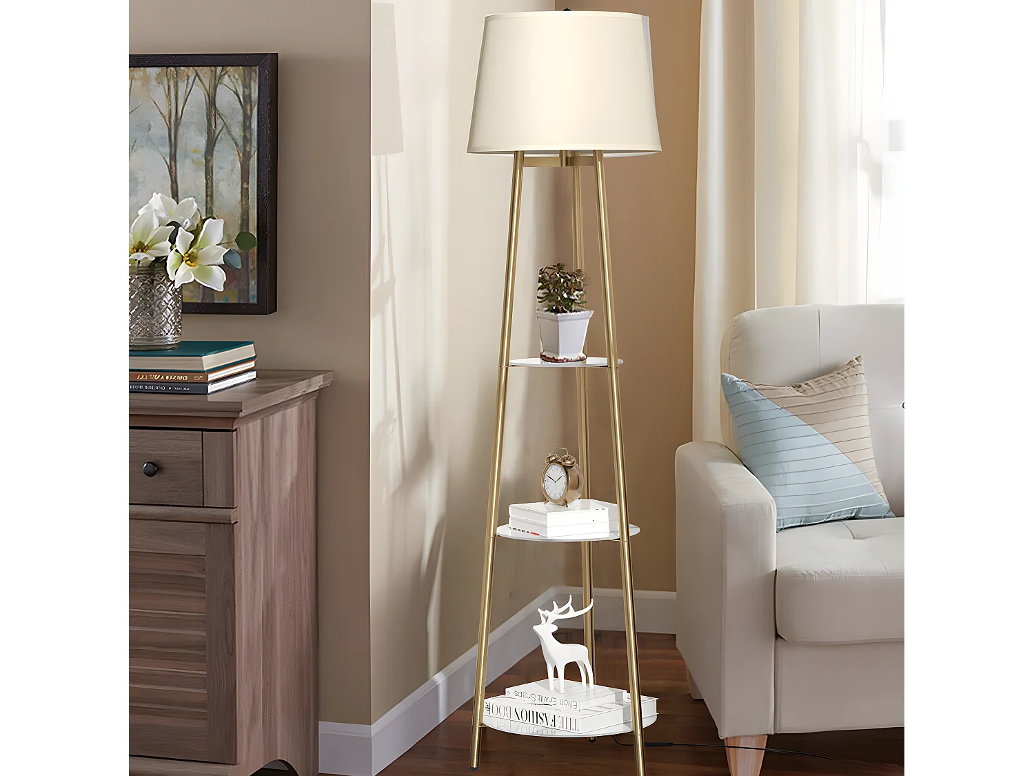 Lampadaire tripode marbre scandinave - LED à couleur changeante - H159cm - Lampadaire sur pied - doré