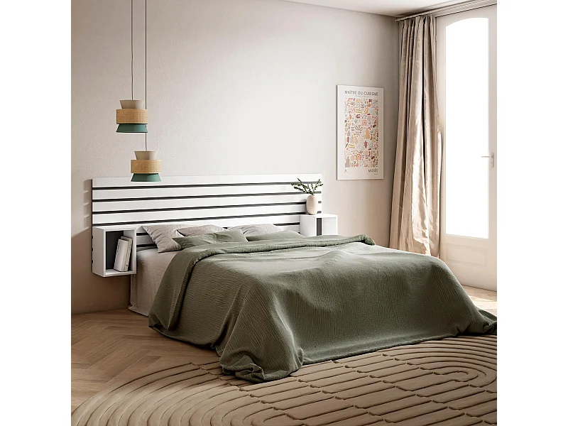 Hoofdeinde, Nachtkastjes, 214x70x3cm, Bed van 135,140,150,160cm, Lamellenwand, Wit