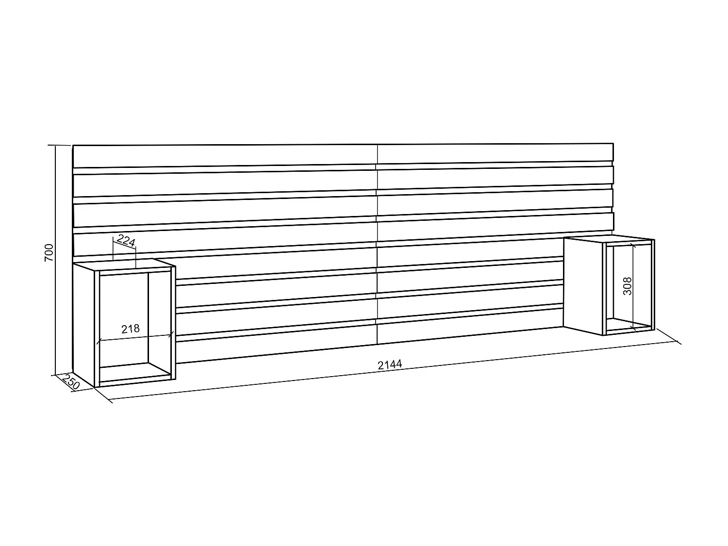 Hoofdeinde, Nachtkastjes, 214x70x3cm, Bed van 135,140,150,160cm, Lamellenwand, Wit