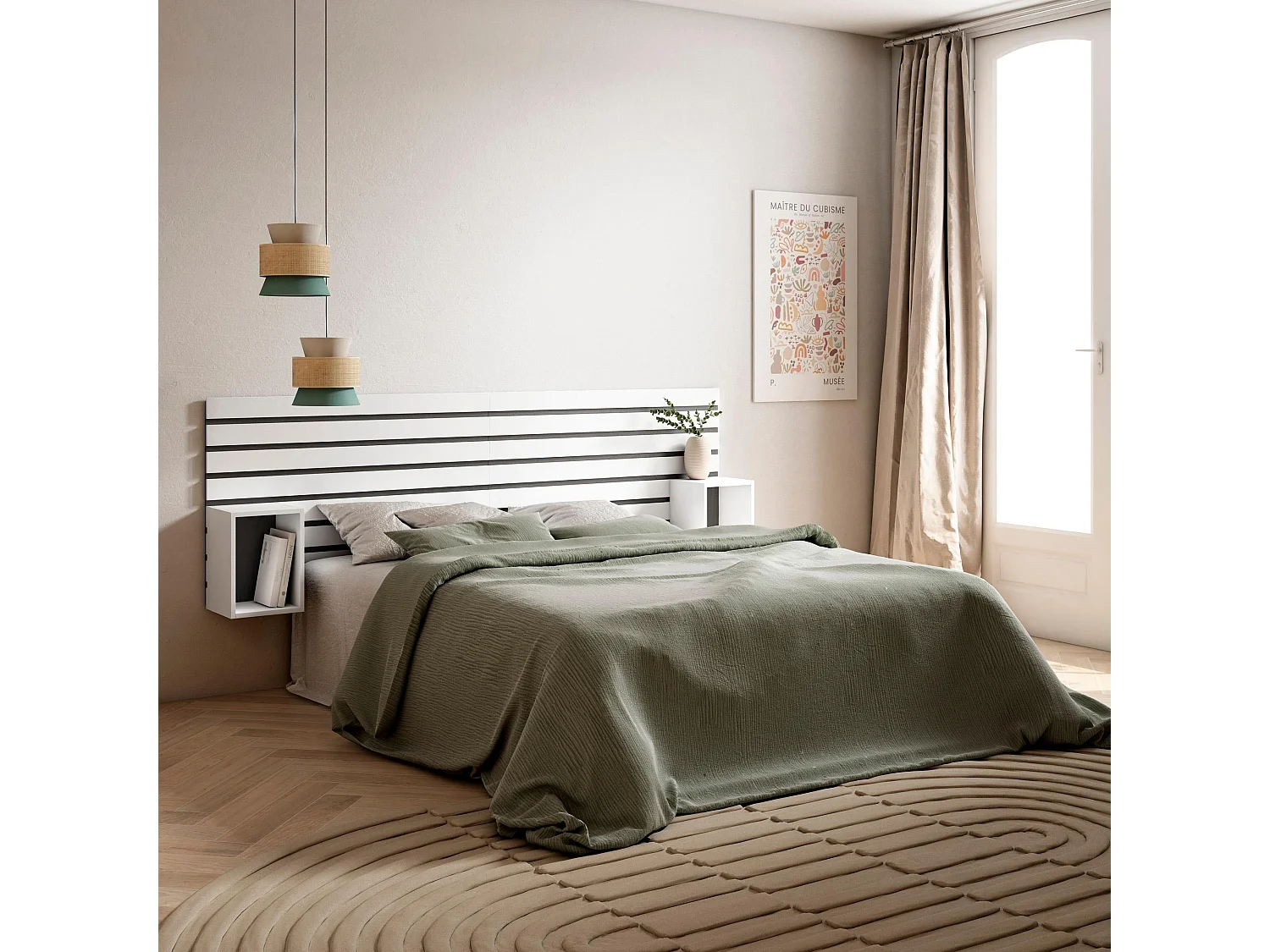 Hoofdeinde, Nachtkastjes, 214x70x3cm, Bed van 135,140,150,160cm, Lamellenwand, Wit