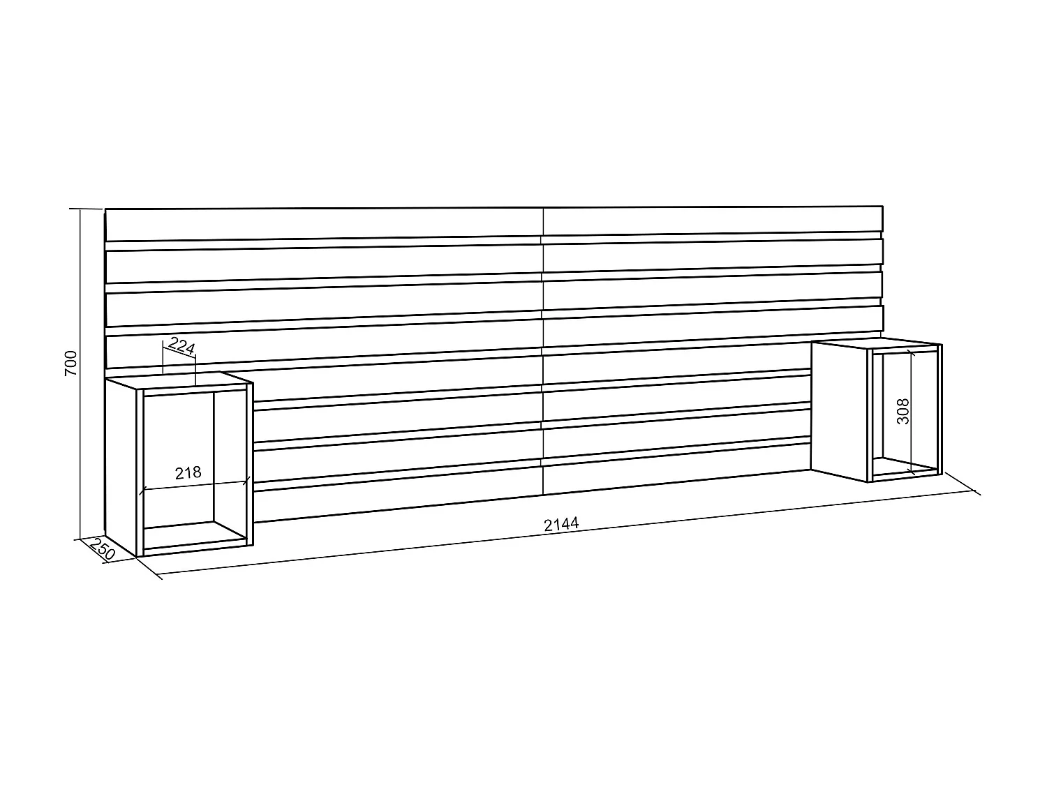 Hoofdeinde, Nachtkastjes, 214x70x3cm, Bed van 135,140,150,160cm, Lamellenwand, Wit