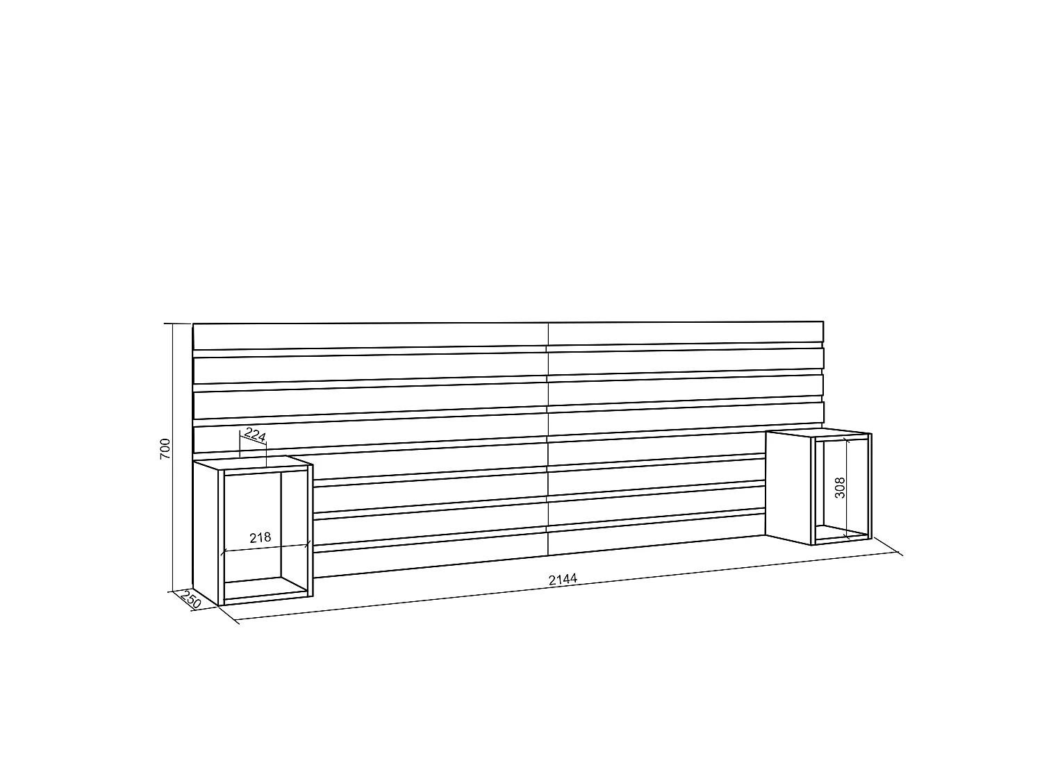 Hoofdeinde, Nachtkastjes, 214x70x3cm, Bed van 135,140,150,160cm, Lamellenwand, Wit