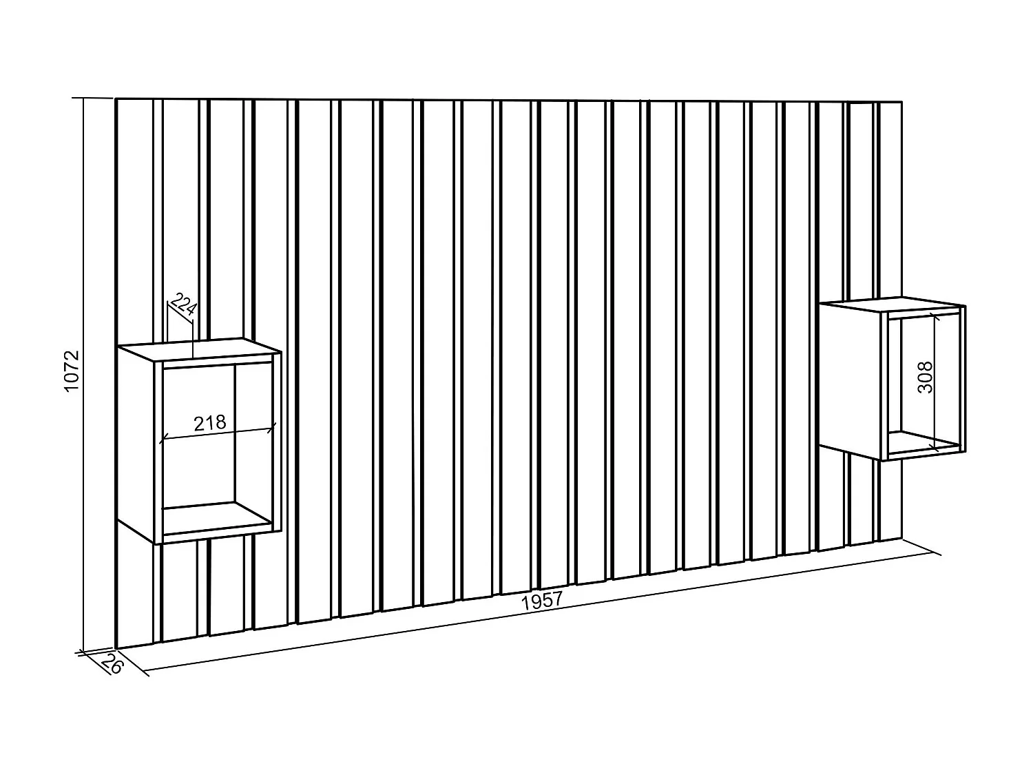 Hoofdeinde, Nachtkastjes, 196x107x3cm, Bed van 120,135,140cm, Lamellenwand, Cement