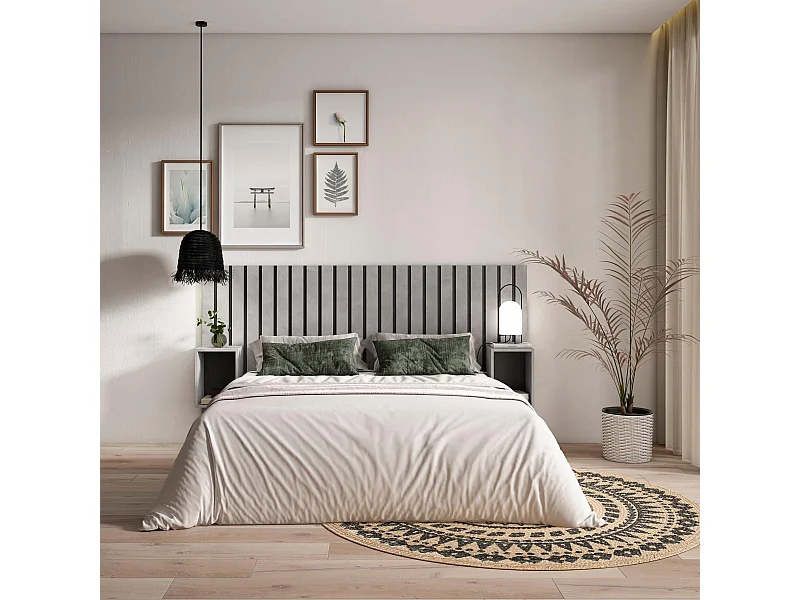 Hoofdeinde, Nachtkastjes, 196x107x3cm, Bed van 120,135,140cm, Lamellenwand, Cement