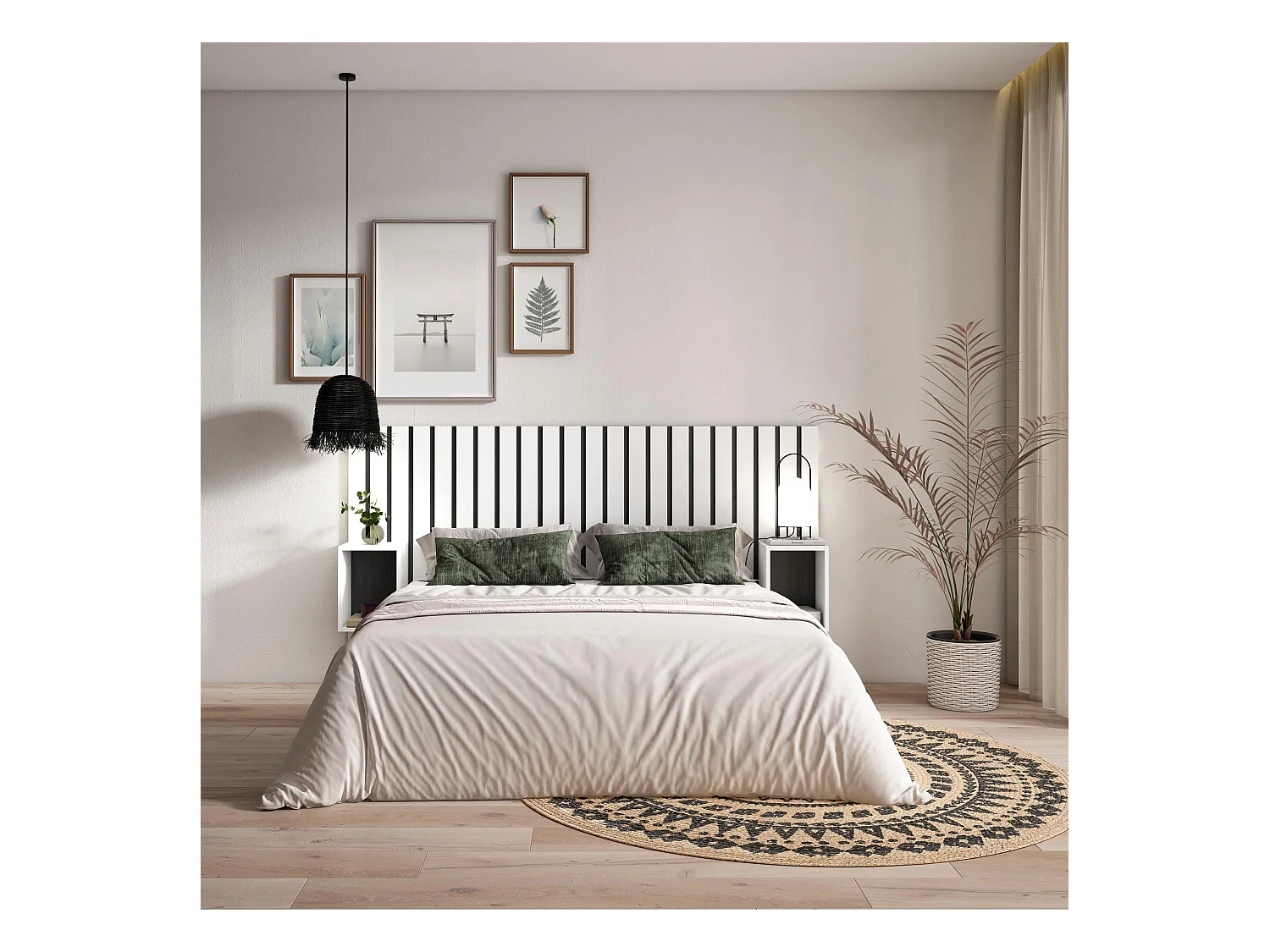 Hoofdeinde, Nachtkastjes, 196x107x3cm, Bed van 120,135,140cm, Lamellenwand, Wit