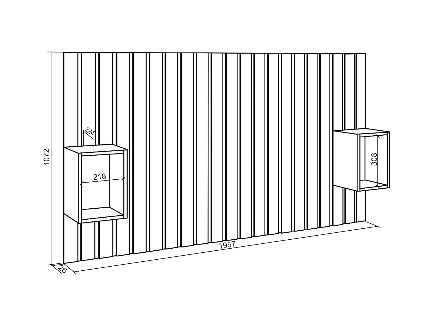 Hoofdeinde, Nachtkastjes, 196x107x3cm, Bed van 120,135,140cm, Lamellenwand, Wit
