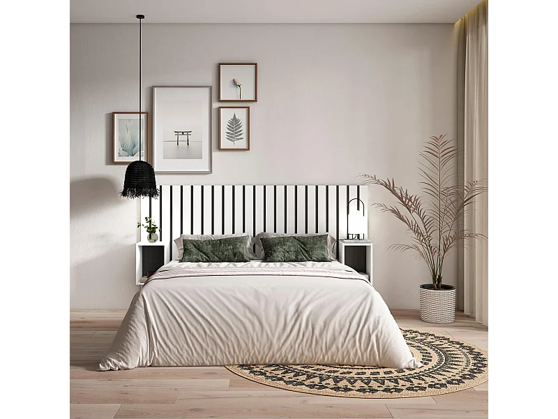 Hoofdeinde, Nachtkastjes, 196x107x3cm, Bed van 120,135,140cm, Lamellenwand, Wit